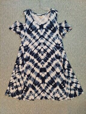Style & Co. Navy & White Tie-Dye Cold-Shoulder Dress